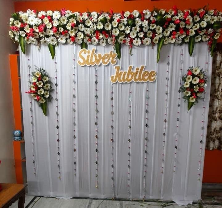 Silver Jubilee anniversary floral backdrop decoration