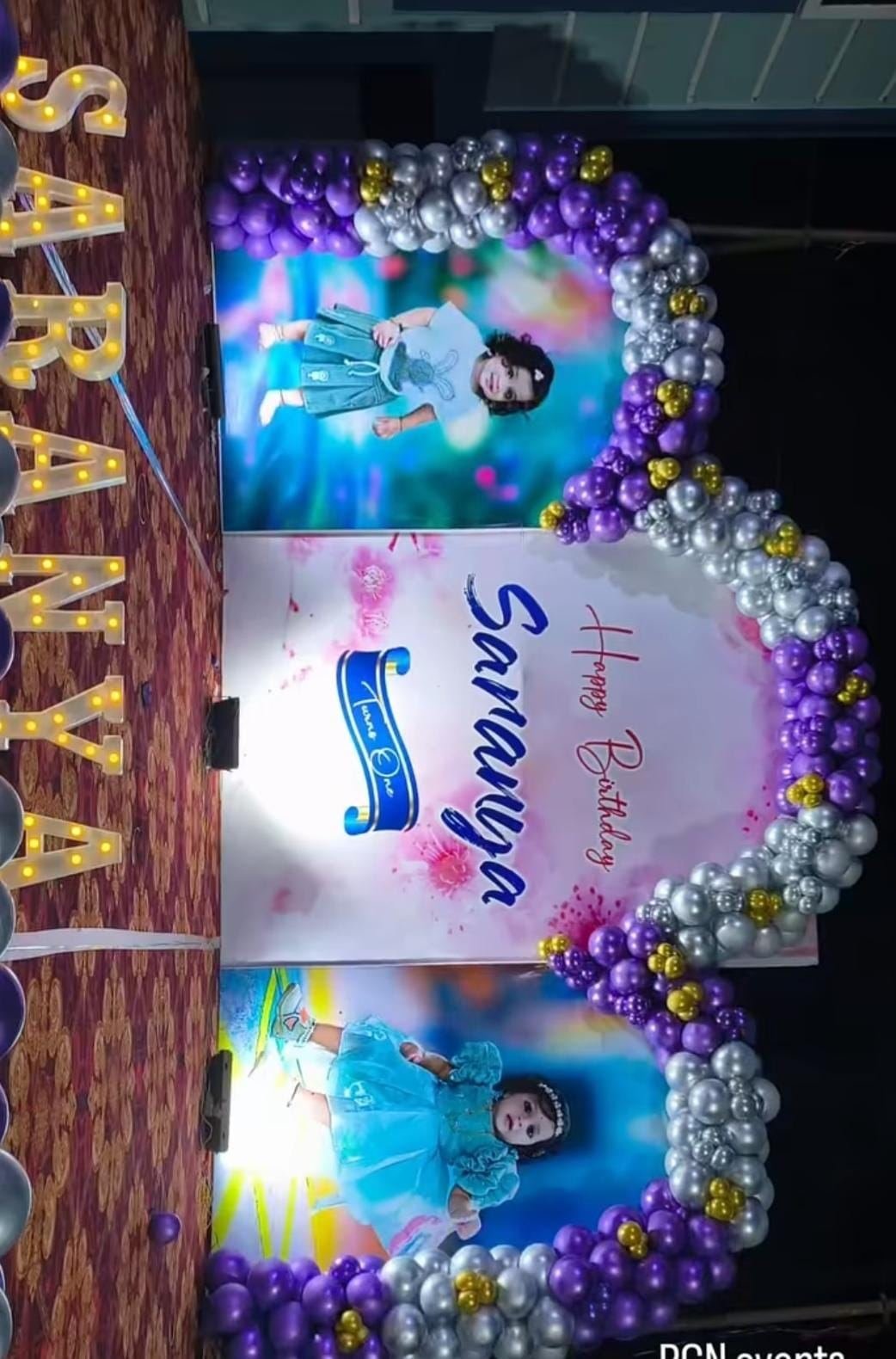 Purple silver and gold balloon birthday backdrop