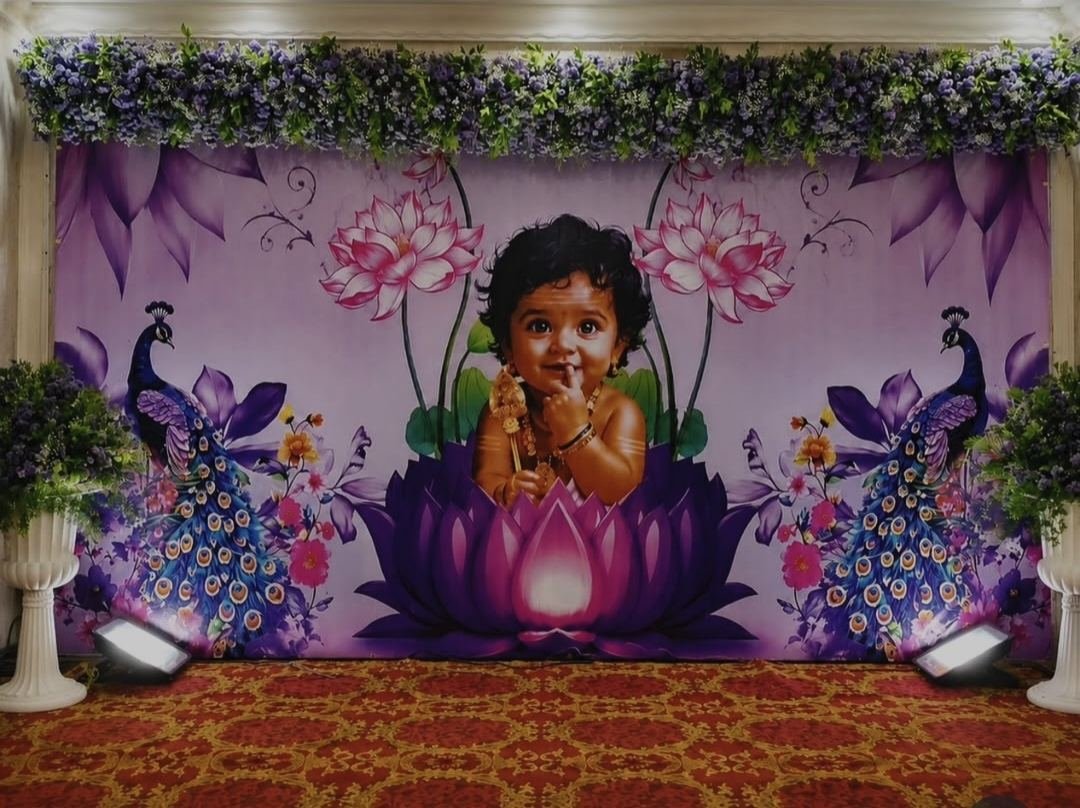 Baby ceremony backdrop with lotus and peacock theme