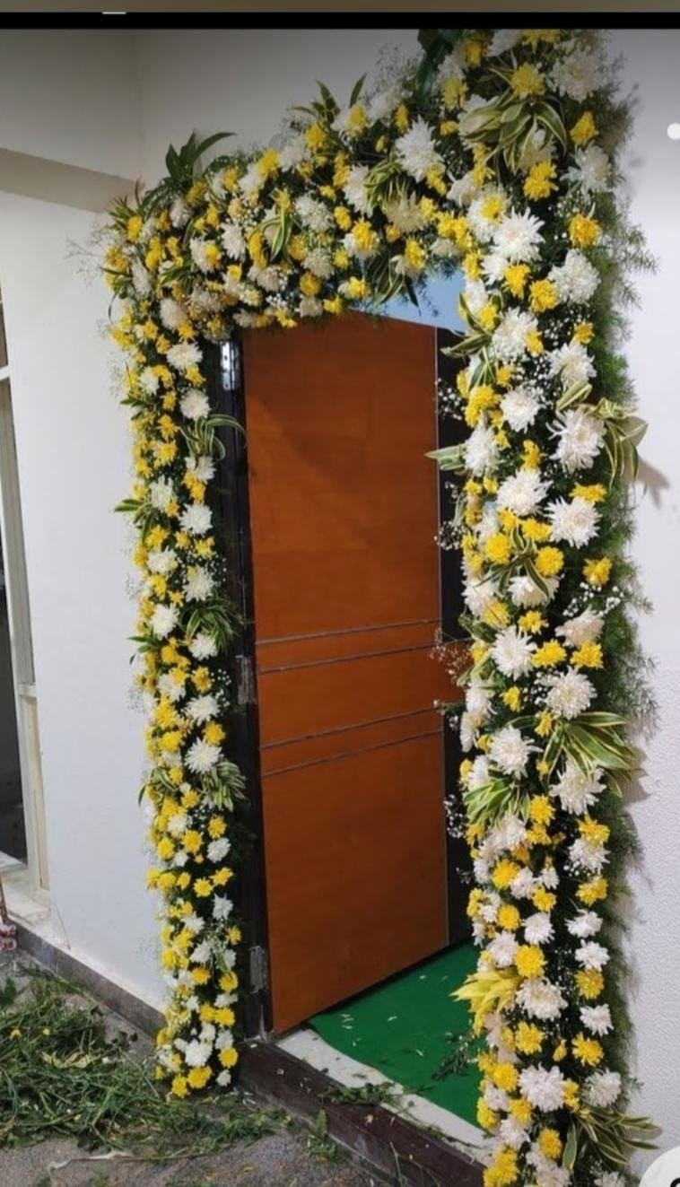Marigold and white chrysanthemum doorway decoration