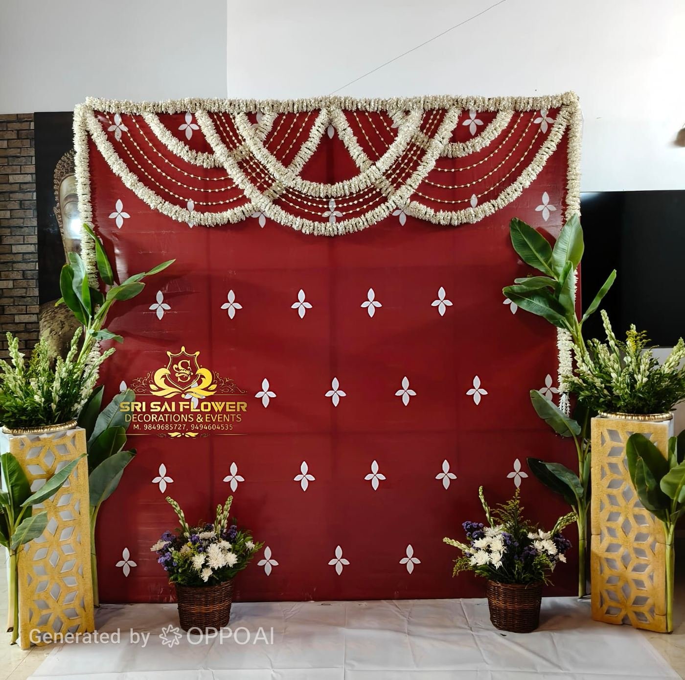 Maroon photo backdrop with jasmine garland swag and banana leaf accents